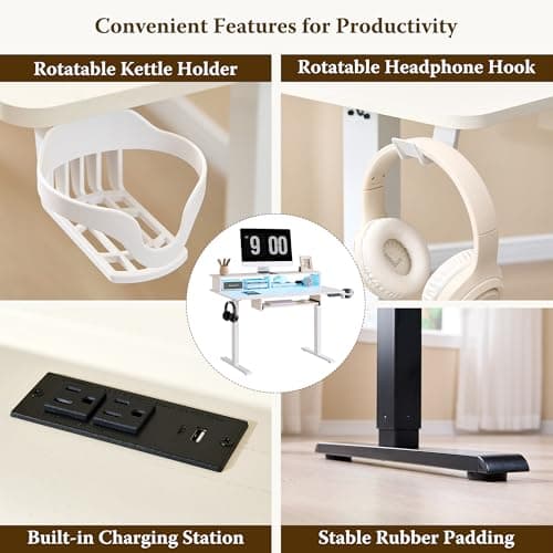 OKD 48" Electric Standing Desk Adjustable Height, Sit Stand Up Desk with Keyboard Tray, Power Outlets, LED Lights & Monitor Shelf - Ergonomic Desks for Home Office, Work & Gaming, Antique White 7