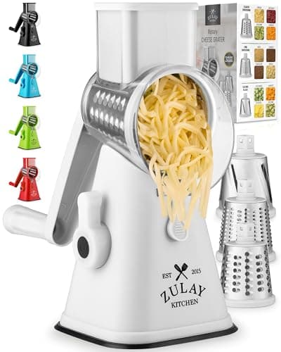 Zulay Kitchen Cheese Grater Hand Crank, Grater For Kitchen With Reinforced Suction - Rotary Cheese Grater With 3 Replaceable Stainless Steel Blades - Easy to Use & Clean - Vegetable Cutter - White