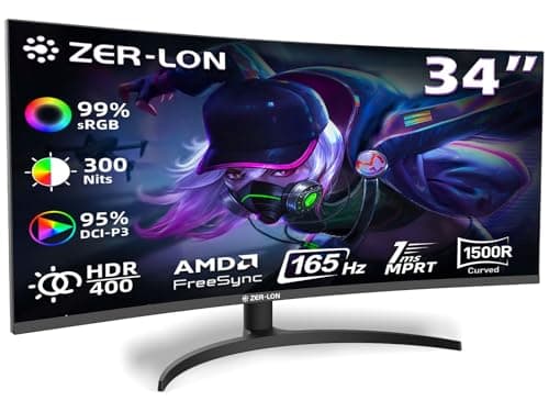 ZER-LON 34 Inch Curved Gaming Monitor, 3440x1440 165Hz Ultrawide Computer Monitor, Tilt/Height/Pivot Adjustment, HDR400 1500R -PIP 1ms(MPRT) ‌99% sRGB, DCI-P3 95%, HDMI2.0 X2, DP1.4 X2 Port