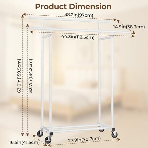 HYSEYY Double Rods Clothes Rack, Rolling Clothing Rack for Hanging Clothes Portable Wardrobe Rack, Metal Garment Rack Sturdy Coat Rack for Bedroom Laundry Living Room, White 7