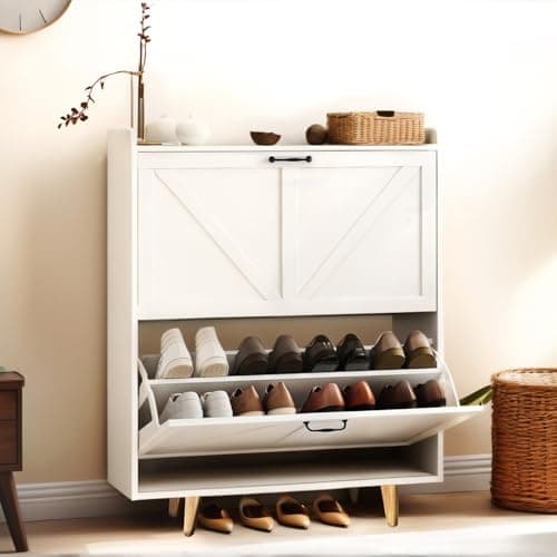 JOKOLO Shoe Cabinet Storage,Farmhouse Freestanding Organizer with 2 Flip Drawers and 4 Wooden feet,Narrow Shoe Rack Cabinet for Entryway,White 7