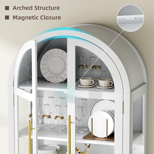 Vlsrka 71 Inch Arched Curio Cabinet, 4-Tier Display Cabinet and 2 Drawers, Tall Bookcase with 3 Color Lights, Display Case with Glass Doors, Kitchen Pantry, White 6