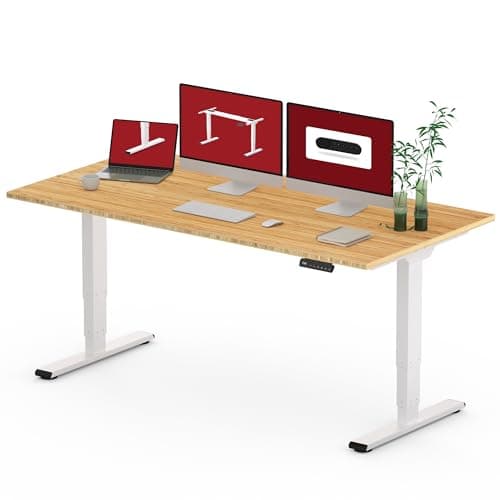 Standing Desk with Dual Motor, 3-Stage Lifting Column, Handset with 3 Preset and Sit-Stand Reminder - 60 inch Whole Piece Real Bamboo Desk/White Frame, Height Adjustable Desk for Home and Office