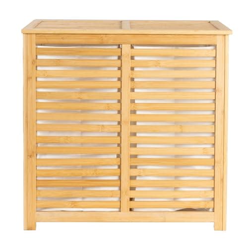 Household Essentials Bamboo and Cotton Double Laundry Sorter with Lid and Removable Cotton Bags, Natural 5