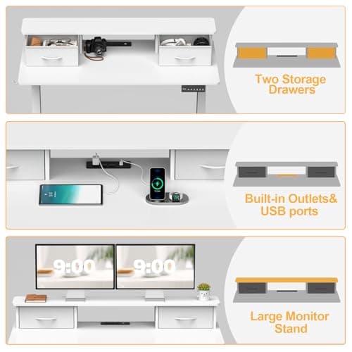 Mr IRONSTONE White Standing Desk 47" Height Adjustable Electric Standing Desk with 3 AC Outlets & 2 USB Ports Sit Stand Desk with 2 Drawers & Large Monitor Stand Stand up Desk for Home Office 5