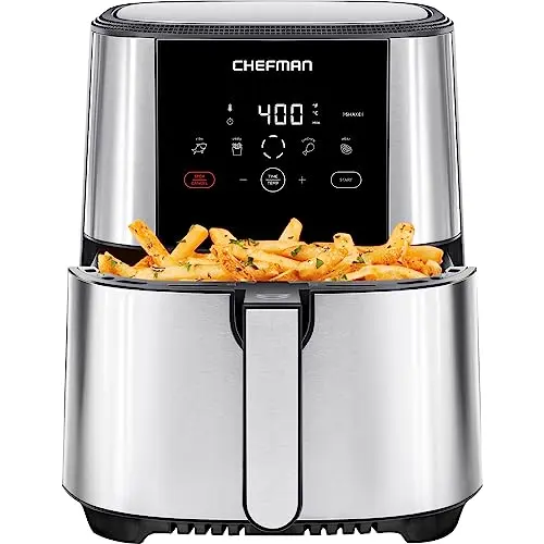 Chefman TurboFry Touch Air Fryer, Large 5-Quart Family Size, One Touch Digital Control Presets, French Fries, Chicken, Meat, Fish, Nonstick Dishwasher-Safe Parts, Automatic Shutoff, Stainless Steel