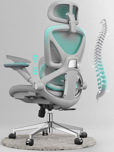CAPOT Ergonomic Mesh Office Chair, Adjustable Lumbar High Back Desk Chair 400lbs, 4D Flip-up Arms, 3 Tilt Backrest, 3D Headrest, PU Wheels, Swivel Rolling Computer Chair for Long Desk Work - Grey