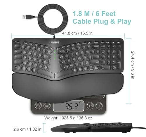 Arteck Ergonomic USB Wired Keyboard with Cushioned Wrist & Palm Rest, Backlit 7 Colors & Adjustable Brightness Comfortable Natural Split Keyboard with 6 Feet Wire for Windows Computer Desktop Laptop 5