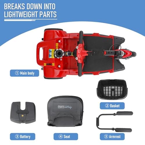 monicare 3-Wheel Folding Mobility Scooter for Adults 12-Mile Long Range Foldable Heavy-Duty Mobility Scooter for Seniors with Basket (Red) 15