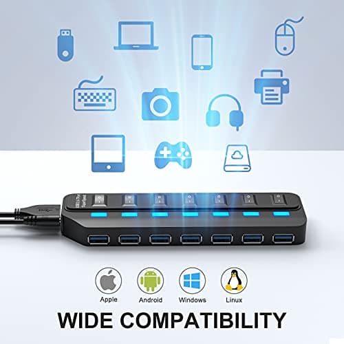 ONFINIO USB Hub 3.0, 7 Port USB Hub Splitter with Individual On/Off LED Switches, 5Gbps HighSpeed Data USB Extension for Laptop, iMac, USB Flash Drives, Mobile HDD, Printer, Camera and More 7