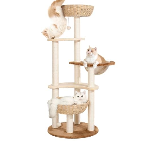 SENNAUX 54" Cat Tree Tower for Indoor Cats, Boho Modern Cat Tree for Large Cats with Natural Sisal Scratching Posts, Unique Cat Tree Hand-Made Wicker Cat Basket Cute Cat Tree for Large Cats 20 lbs