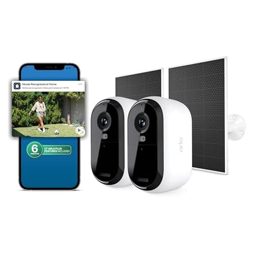 Arlo Essential Security Camera 2K (3rd Gen, 2025 Release) 2 Cam + 2 Solar Panels + 6 Months of Secure Plus Plan - Wireless Outdoor Camera, Battery Power, Person Recognition, Package Detection, White