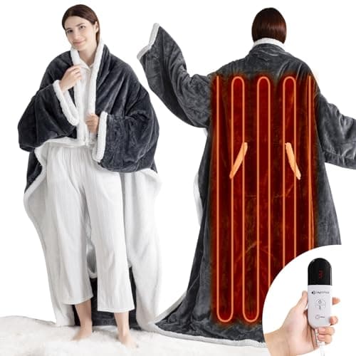 OMYSTYLE Electric Blanket Wearable with Foot Pocket, Wearable Heated Blanket with Sleeves, 1-6 Heating Levels & Fixed 4 Hours Heating Time Setting, 52 * 72"+18", Dark Grey