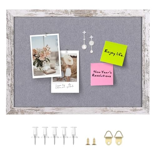 Aitakatta Gray Felt Bulletin Board, 14.2x10.2 inches Decorative Hanging Bulletin Boards for Walls with White Rustic Wood Frame, Pin Board Vision Board for Office Home School with Pins (2636,WH,1pc)