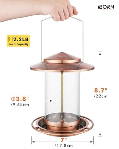 iBorn Bird Feeders for Outdoors Hanging,Metal Bird Feeders for Cardinal Chew Proof 18cm Large Roof&Tray Birdfeeders Outside Hanging,Brushed Copper 6 Port (Seed is not Included) 9