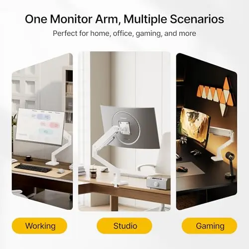 monTEK Single Monitor Arm for Max 45 Inch Ultrawide Screens Adjustable Monitor Desk Mount Holds 35 Lbs Cable Management with C Clamp/Grommet Desk Mount, VESA 75/100mm 9