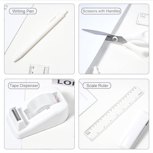 COMFYROOM Desk Accessories with Pen Holder, Office Supplies Desk Organizers and Accessories, Tape Dispenser, Stapler, Staple Remover, Staples, Clips Set, Ruler, Scissor, Pen, Tape (White) 6