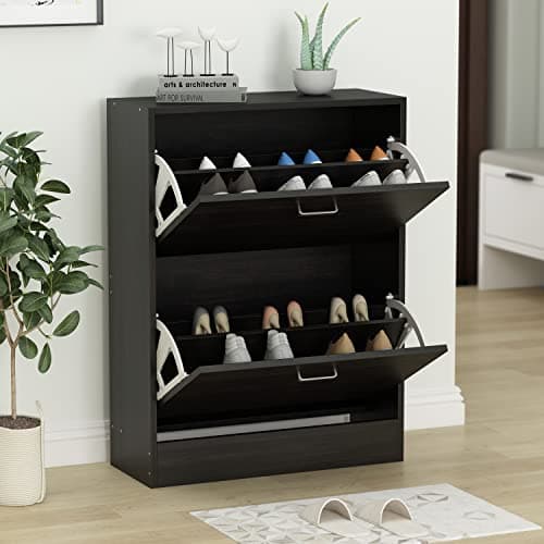 FUFU&GAGA Shoe Cabinet with 2 Flip Drawers for Entryway, Modern Shoe Storage Cabinet, Freestanding Shoe Rack Storage Organizer (22.4”W x 9.4”D x 29”H)(Black)