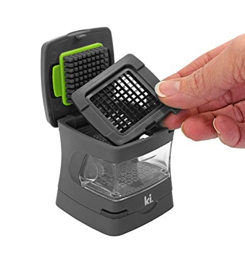 Kitchen Innovations Garlic-A-Peel Garlic Press, Crusher, Cutter, Mincer, and Storage Container - Includes Silicone Garlic Peeler - Easy to Clean - Stainless Steel Blades – (Grey), standard 5