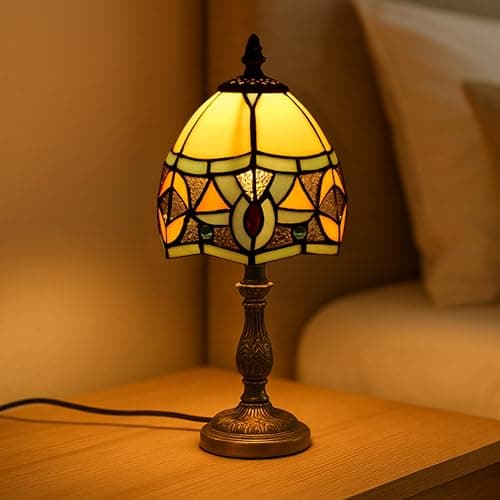 CROWN LED Baroque Style Stained Glass Table Lamp - 6.1''x3.5''x13'' Multicolor Tiffany Lamp Ideal for Bedside, Living Room, Bedroom, or Office - Decorative Handmade Lampshade with Bronze Resin Base