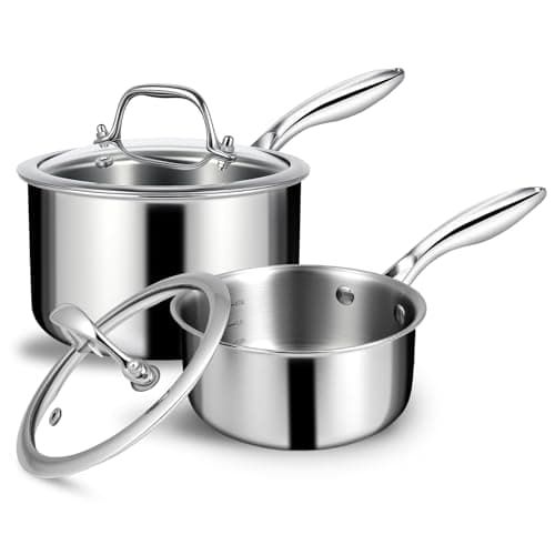 EWFEN 3 Ply Stainless Steel Sauce Pan Set with Lids, 1 & 2 Quart Multipurpose Cooking Pot, Stay-Cool Handle, Induction Oven Dishwasher Safe, 1QT & 2QT