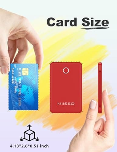 miisso 6000mah Ultra Slim Built in Cables Power Bank, Card Size Built in USB C Cords Battery Pack Portable Charger for Phones, 3 Output External Battery Pack Compatible with iPhone, Red 2