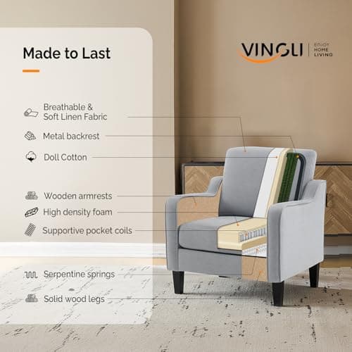 VINGLI Mid Century Modern Accent Chair, Light Grey Fabric Accent Chairs for Living Room Upholstered Armchair with Scooped Arms for Bedroom, Apartment, Studio, Office, Waiting Room 9