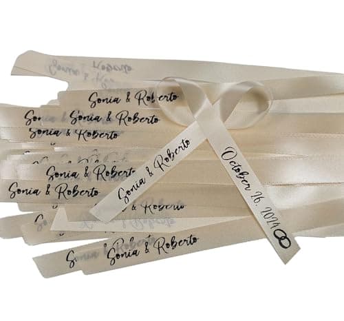 25 Personalized Ribbons Assesmbled Bows Custom Wedding Ribbon Bridal Shower Favor Party Favors Bridesmaid Memorial Funeral Baby Invitations Mis XV años Quinceanera (Ivory)