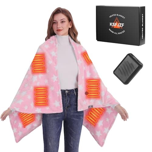 KSFJZF Heated Blanket, Cordless Portable Heated Throw Blanket, Battery Operated Heating Blanket with Rechargeable 20000mAh Power Bank, 59" x 35.5" Electric Heated Shawl, 3 Fast-Heating Levels (Pink)