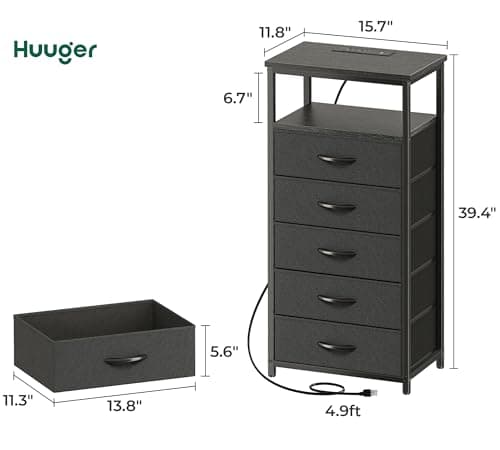 Huuger 5 Drawers Dresser with Charging Station, Dresser for Bedroom, Tall Night Stand, Chest of Drawers with Open Shelf, Bedside Table Nightstand, Fabric Storage Drawers, for Entryway, Black 3