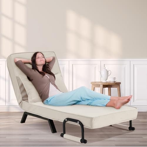 Hupmad Convertible Bed Sleeper Chair,Tri-fold Upholstered Armchair Sleeper with Pillow,Folding Leisure Chaise Lounge Couch,6 Angle Adjustable Backrest Single Lazy Bed for Office (Beige, Regular) 2