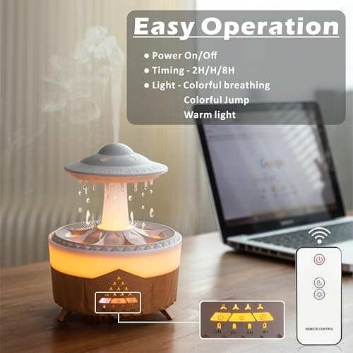 AChoice4U Essential Oil Diffuser 350ML UFO Raindrop Aromatherapy Diffuser Cool Mist Humidifier with 7 Colors LED Lights,Remote Control,Plug in for Bedroom,Office (Wood) 5