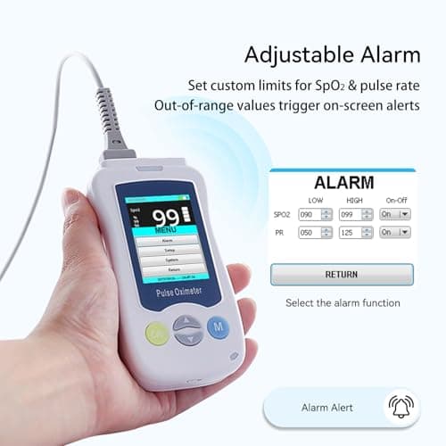 Continuous Pulse Oximeter Fingertip, Medical Grade Accuracy Fast Reading SpO2 Pulse Rate Blood Oxygen Saturation Monitor Handheld 500 Data Storage Overnight Pulse Oximeters with Adjustable Alarm 5