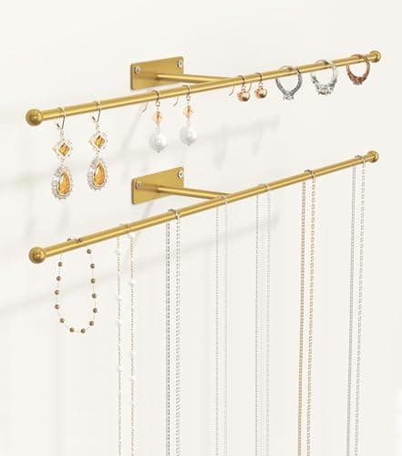 Josmimic Wall Hanging Jewelry Organizer: 12.6'' Necklace Holder for Earring, Bracelet, Rings, Hairband, Glasses, Gold 2-Pack, Screws Included
