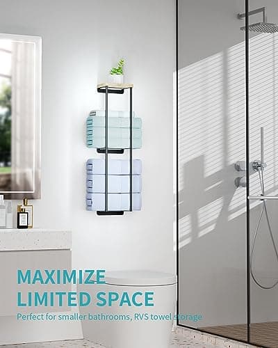 Towel Racks for Bathroom, 2 Tier Wall Towel Holder with Wood Shelf, Metal Wall Mounted Towel Rack Bathroom Organizers and Storage, Black 6