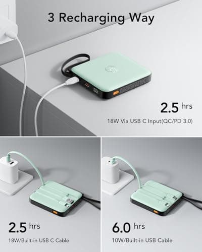 VRURC Portable Charger USB C, Power Bank with Built-in Cable, 10000mAh 20W Battery Pack for iPhone 16 15 14 Samsung Galaxy S23 S22 Google, Note 20, Pixel, Moto, LG Android Phone, Green(1 Pack) 8