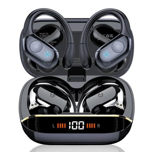 Qecnato Wireless Earbuds Bluetooth 5.4 Headphones Sports, 75H Stereo Deep Bass Over Ear Buds with Earhooks, Bluetooth Earbuds with 4 ENC Mic, LED Display, IP7 Waterproof Earphone for Running, Black