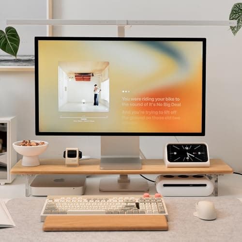 ROCDEER Bamboo Monitor Stand Riser with Acrylic Legs for Desk, 31.5 Inches Desktop Shelf Supports for PC Computer Monitor, Laptops, Printer, Speakers (Natural)