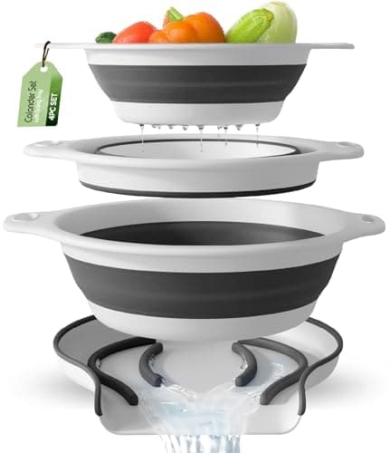 Gevoli Collapsible Colanders (3 Pack Set) Food Strainers with Over-Sink Water Draining Base for Pasta Fruits and Vegetables (Patent Pending) White (3 Sizes, 3QT, 4QT and 5 Quart)