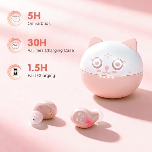 Bluetooth headphones, Bluetooth 5.3 Headphones HiFi Stereo, True Wireless Earbuds, LED Digital Display Wireless Earpods, Ear Buds with Microphone, IPX5 Waterproof Earbuds for School/Sport(Pink Cat) 6