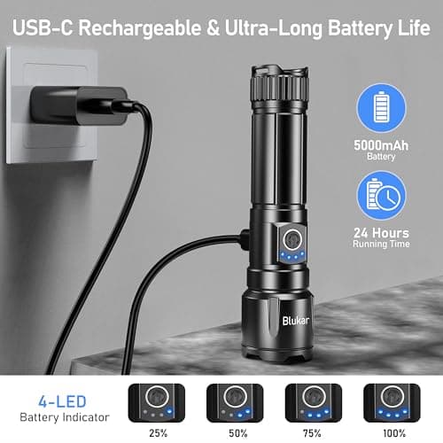 Blukar Rechargeable Flashlight High Lumens, Super Bright LED Powerful Tactical Torch - 5 Light Modes, Zoomable, Long Lasting, Waterproof Handheld Flash Light for Emergency, Camping, Hiking 6
