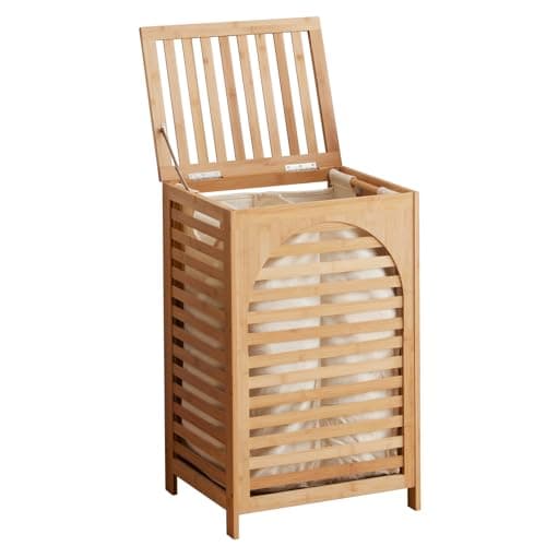 Laundry Hamper with Lid,Bamboo Large Waterproof Clothes Laundry Basket,Removable Washing Bags with Handles,clothes basket (Natural)