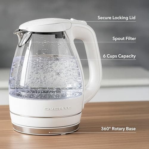 OVENTE Electric Kettle, 1.5L Borosilicate Glass Countertop Water Heater and Boiler for Coffee or Tea, BPA-Free, Auto Shut-Off, Boil-Dry Protection, Removable and Washable Spout Filter, White KG83W 5