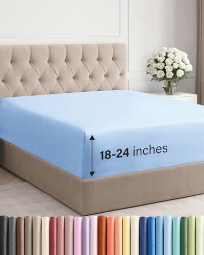 Extra Deep Cal King Fitted Sheet - Hotel Luxury Single Fitted Sheet Only - Easily Fits 18 inch to 24 inch Mattress - Ultra Soft, Wrinkle Free with Extra Deep Pockets - Breathable & Comfy - Light Blue
