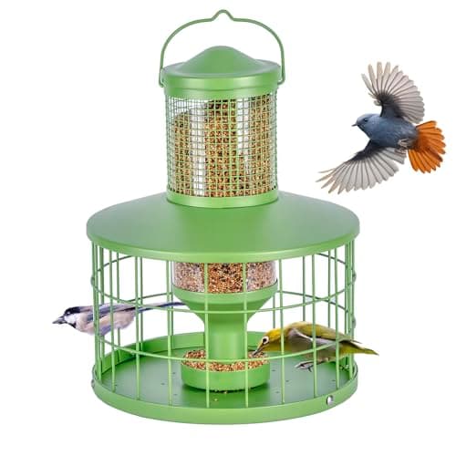 Caged Bird Feeders Squirrel-Proof, Metal, 2.8Lbs Capacity-Cage Tube Seed Feeders with Tray, Hanging Wild Bird Feeders, Attract Birds,Detachable Cleaning, Starling Proof Wild Bird Feeder（Green）