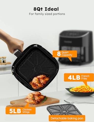 Nuwave Brio Plus 8 Qt Air Fryer, PFAS Free, New & Improved, Digital Touch Screen, Cool White Display, 50°F~400°F in Precise 5°, 5 Cook Functions, 100 Presets & 50 Memory, 3 Wattages 700, 1500, 1800 5
