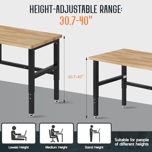 SPECRAFT 60" Folding Workbench, Adjustable Foldable Workbench with 2000 LBS Capacity, 30.7"-40" Height, Rubber Wood Top for Garage, Workshop, Office 6