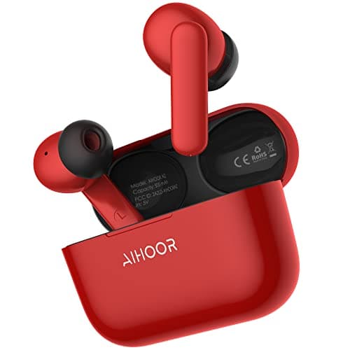 AIHOOR Wireless Earbuds for Music and Sports, Bluetooth 5.3 in-Ear Headphones with Extra Bass Built-in Mic Touch Control 30hr Battery Earphones, Waterproof (Red & Black)