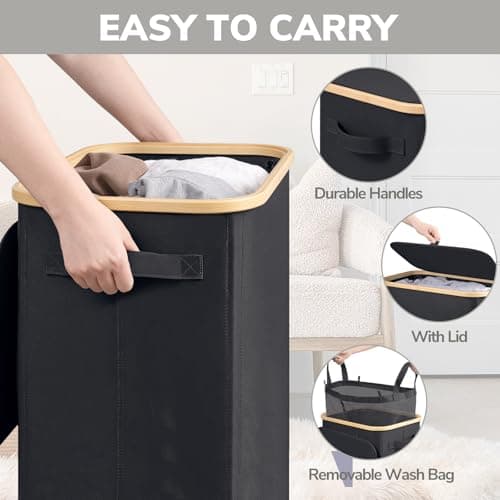Goodpick Laundry Basket with Wheels, 100L Rolling Laundry Hamper with Lid Clothes Hampers with Removable Wash Bag Large Clothes Basket for Bedroom, Bathroom, Black 5