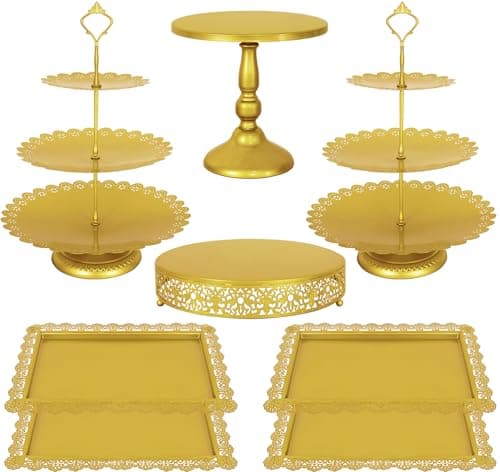 Fivenl 8 Pcs Cake Stand Gold Metal Dessert Table Display Set, 3-Tier Cupcake Stand, Cake Display Tower and Cookie Tray Rack Serving Tray for Birthday Party, Weddings, Baby Shower (Gold)